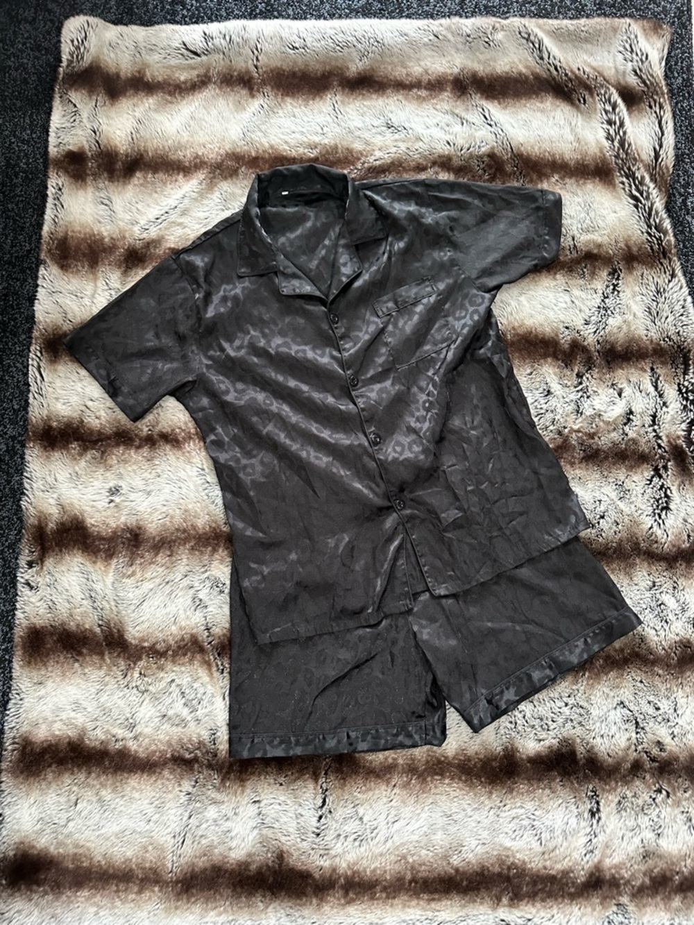 Men's Black Short Sleeve Button-Up Shirt and Shorts Set